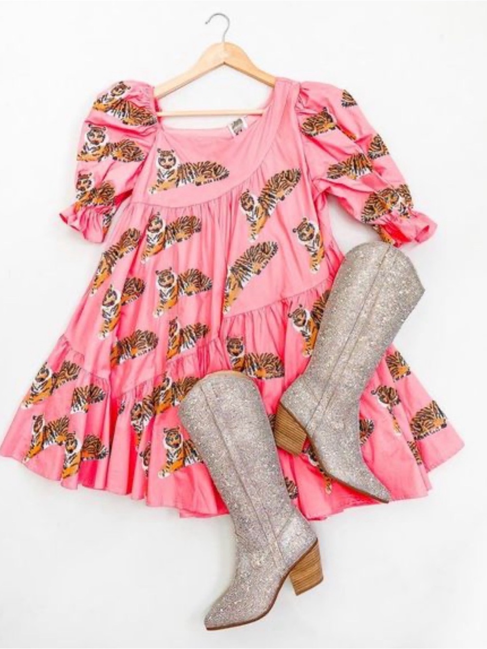 New! QUEEN OF SPARKLES Pink Sequin Tiger Print Asymmetrical Poof Sleeve Dress - Picture 1 of 12